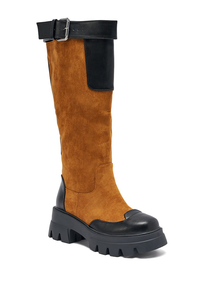 AZALEA WANG DALILA COLOR BLOCKED FLATFORM BOOT IN COGNAC