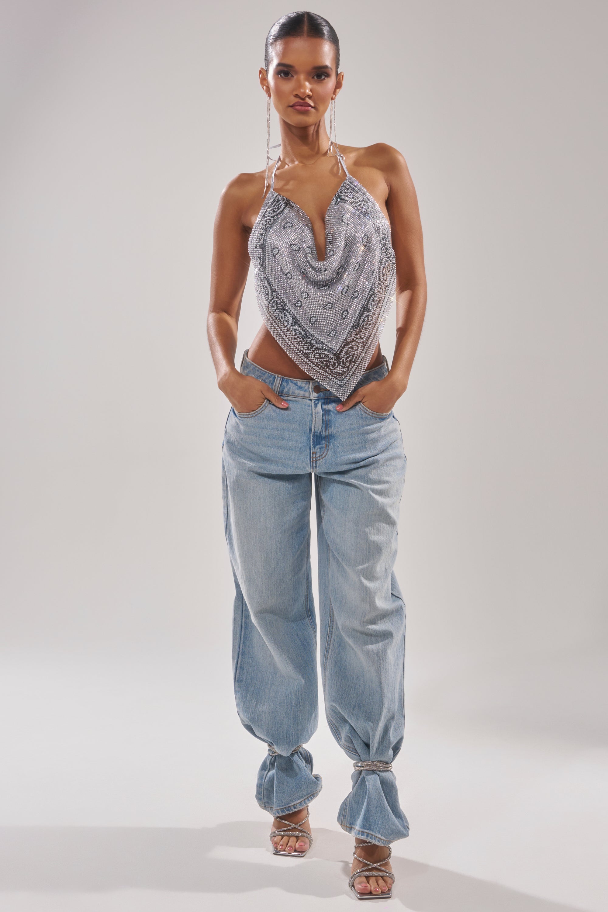 FREESTYLE RHINESTONE COWL NECK TOP