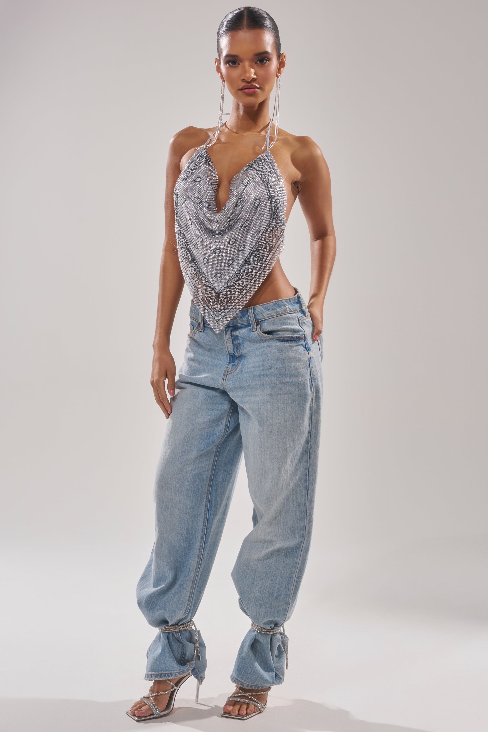 FREESTYLE RHINESTONE COWL NECK TOP