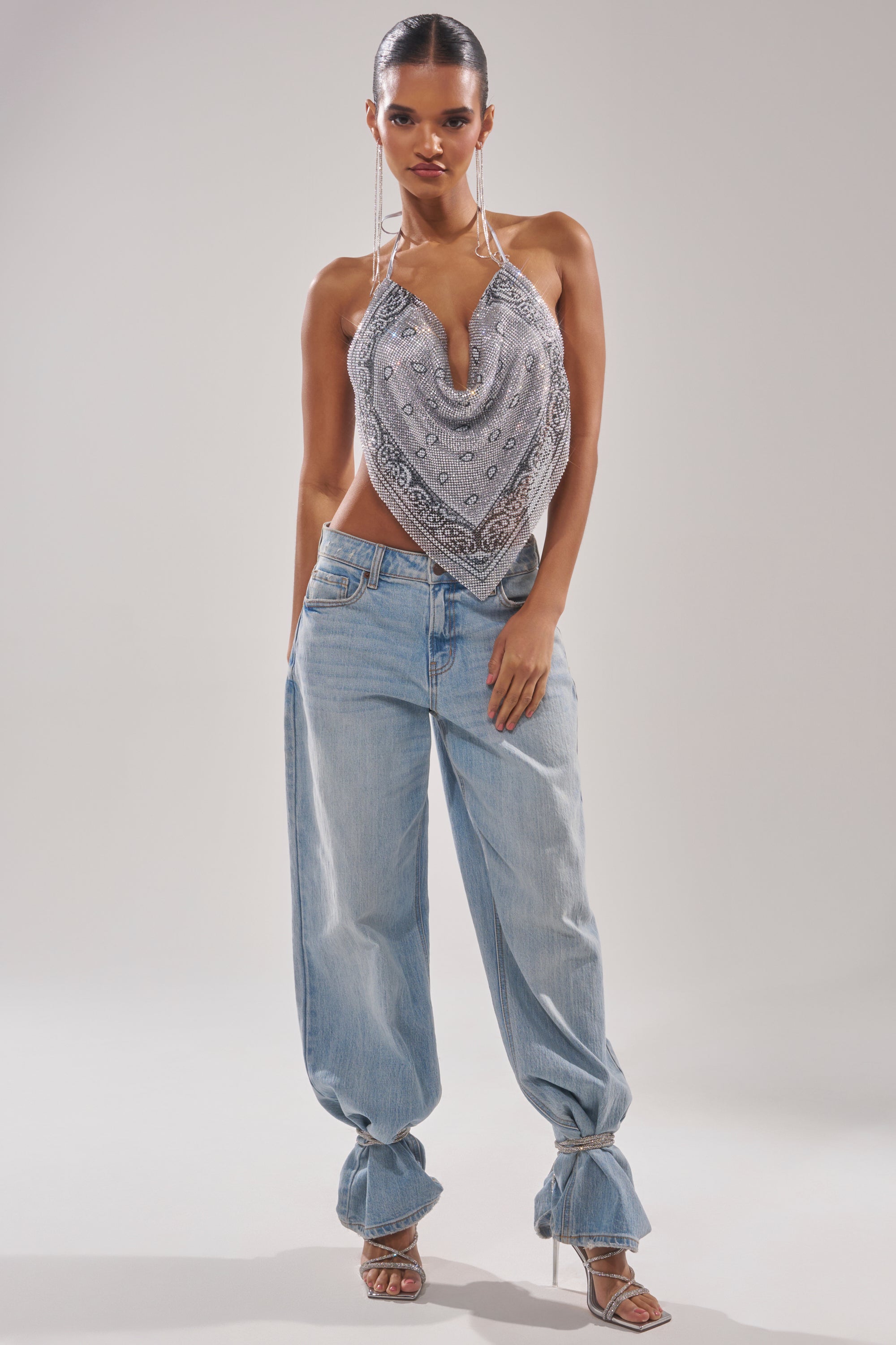 FREESTYLE RHINESTONE COWL NECK TOP