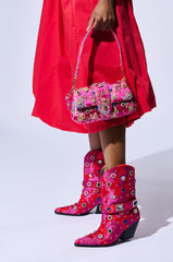 AZALEA WANG DILIGENT RED BROCADE AND GEMS WESTERN BOOTIE