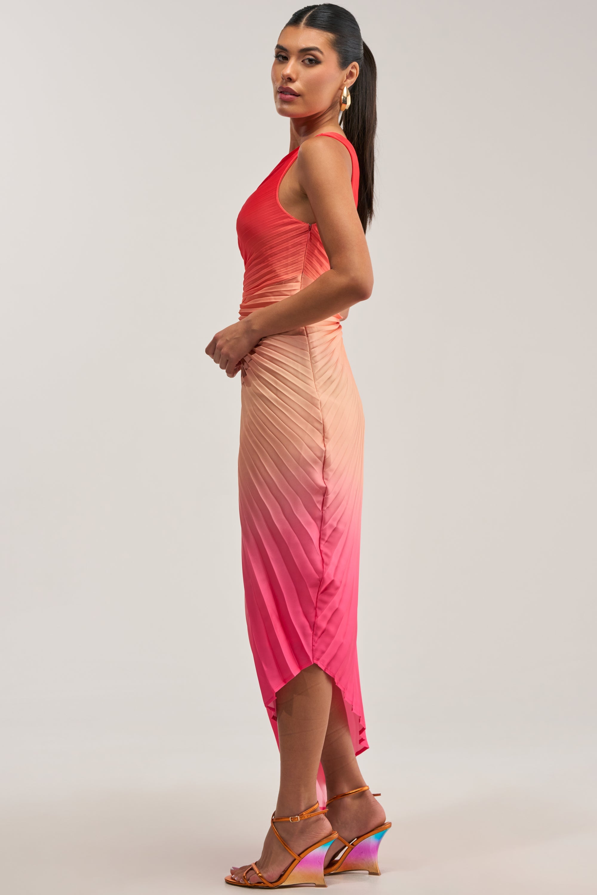 WILD CARD ONE SHOULDER OMBRE MIDI DRESS IN PINK