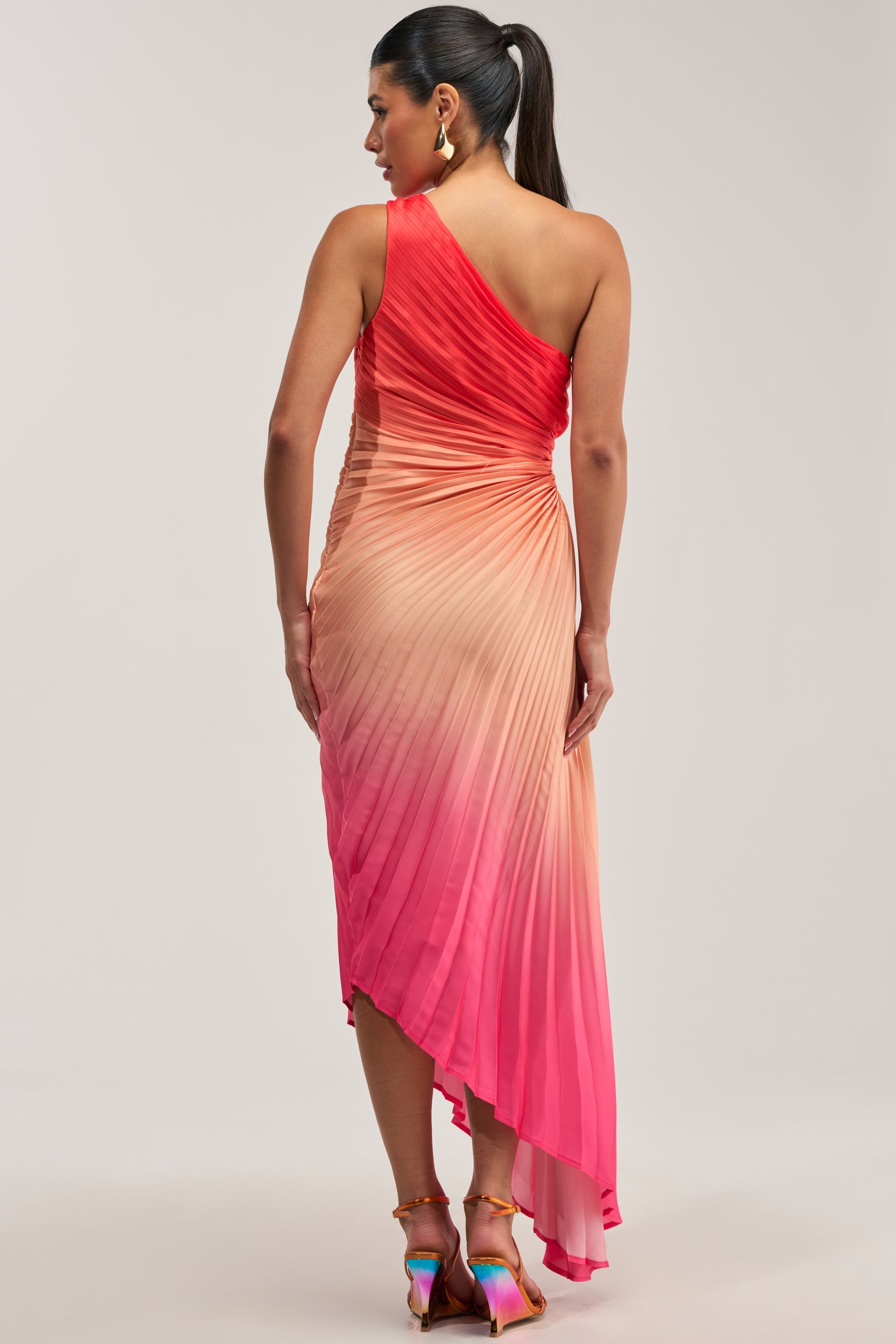 WILD CARD ONE SHOULDER OMBRE MIDI DRESS IN PINK