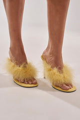 AKIRA FEMINISTA YELLOW FAUX SUEDE YELLOW FUR EMBELLISHED KITTEN HEEL SANDAL