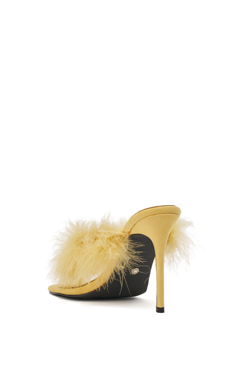 AKIRA FEMINISTA YELLOW FAUX SUEDE YELLOW FUR EMBELLISHED KITTEN HEEL SANDAL