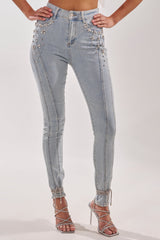 FLEX FIT SKINNY DENIM PANTS WITH RHINESTONES
