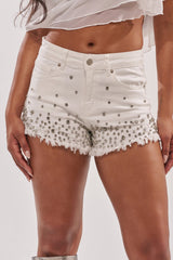 RILEE EMBELLISHED DENIM SHORTS IN WHITE