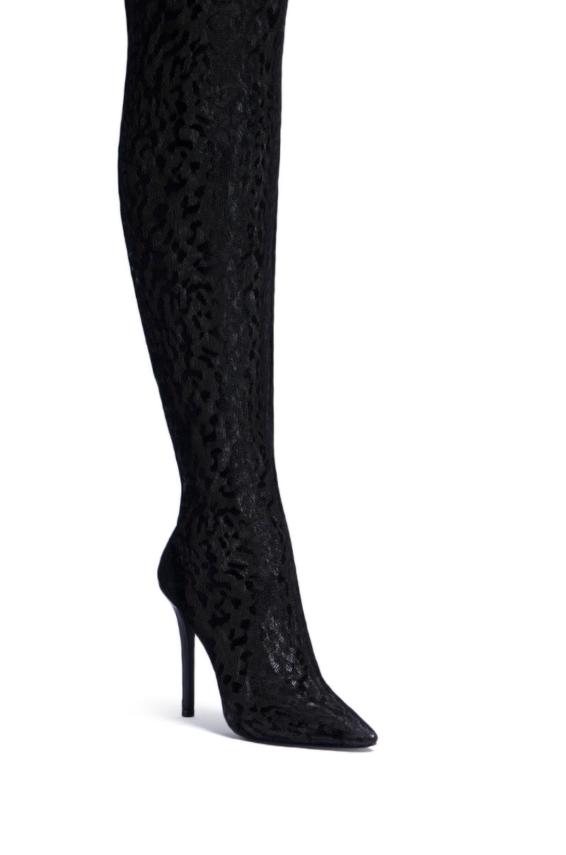 AZALEA WANG NEW FREYJA BLACK LEOPARD LACE STILETTO THIGH HIGH