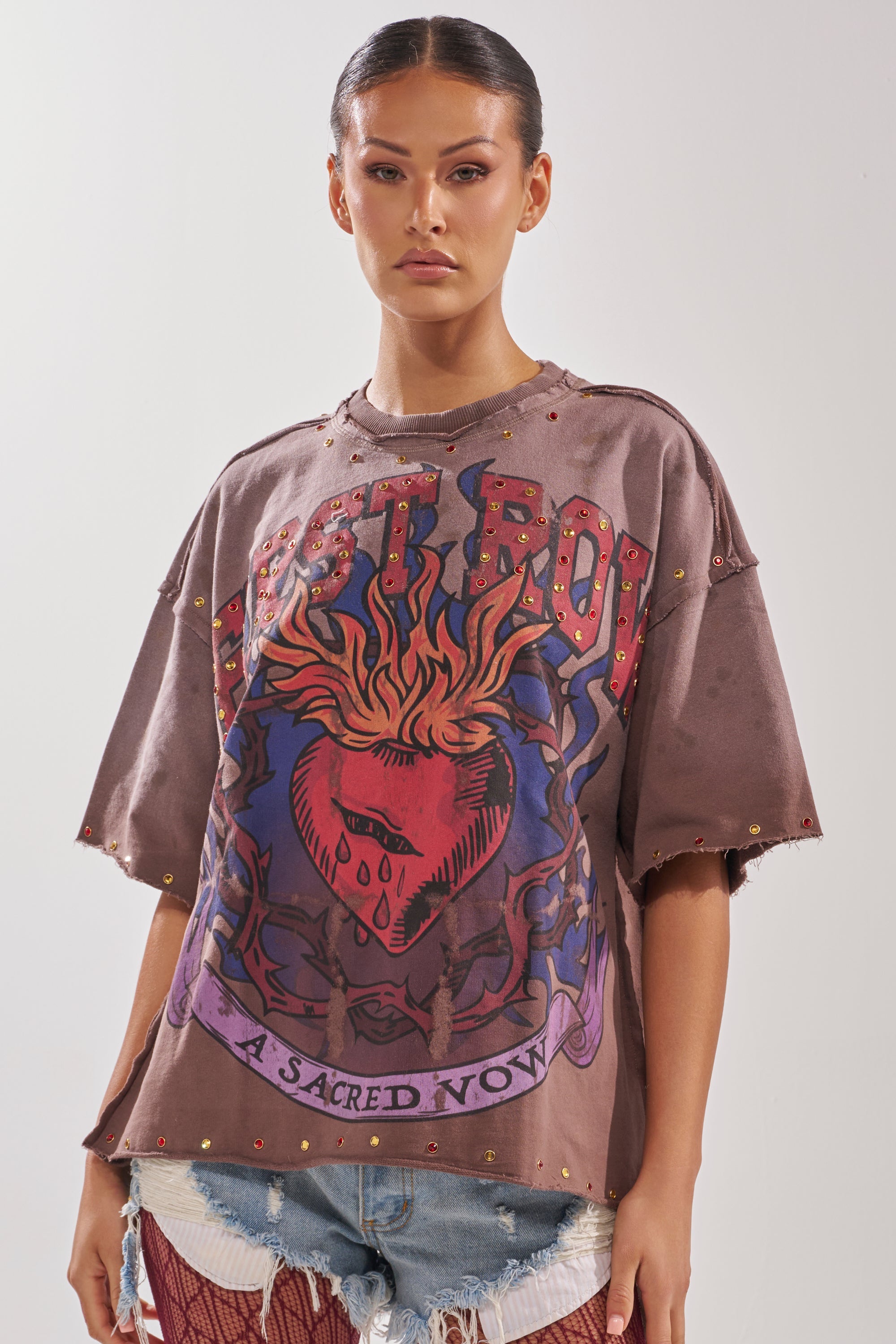 FIRST ROW SACRED HEARTH RHINESTONE DISTRESSED TEE