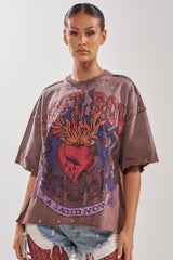 FIRST ROW SACRED HEARTH RHINESTONE DISTRESSED TEE