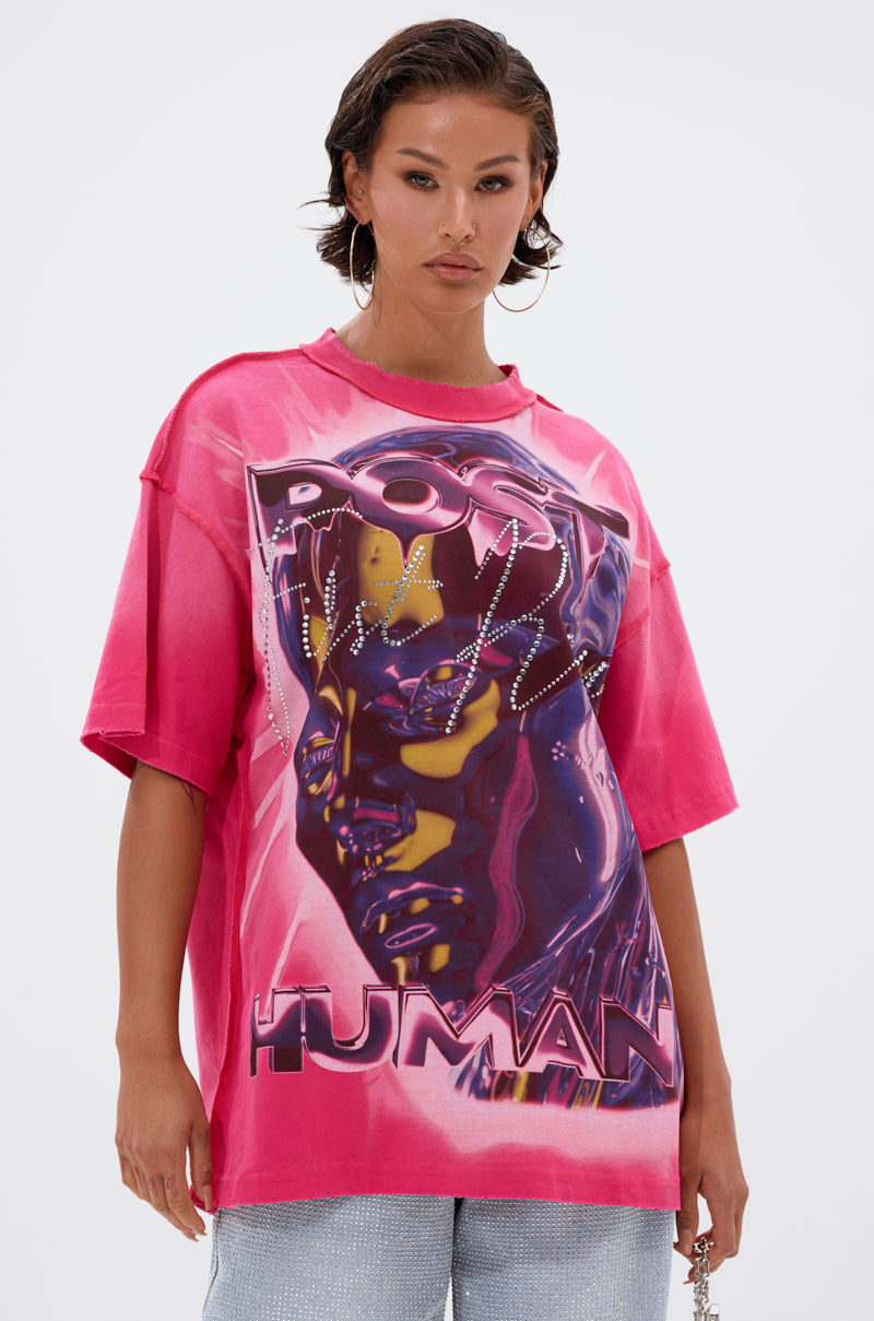 FIRST ROW POST HUMAN OVERSIZED GRAPHIC TEE IN PINK