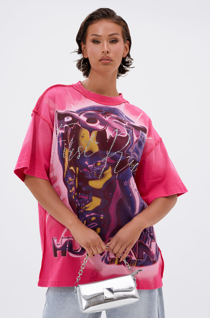 FIRST ROW POST HUMAN OVERSIZED GRAPHIC TEE IN PINK