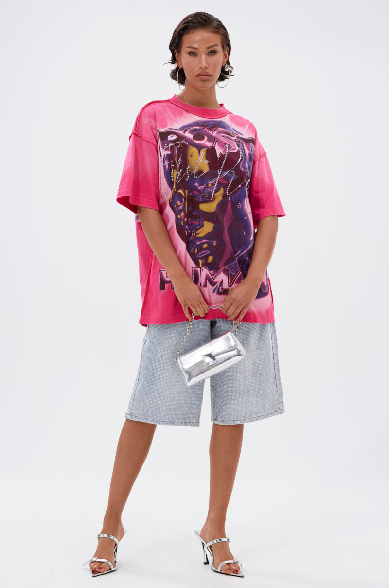 FIRST ROW POST HUMAN OVERSIZED GRAPHIC TEE IN PINK