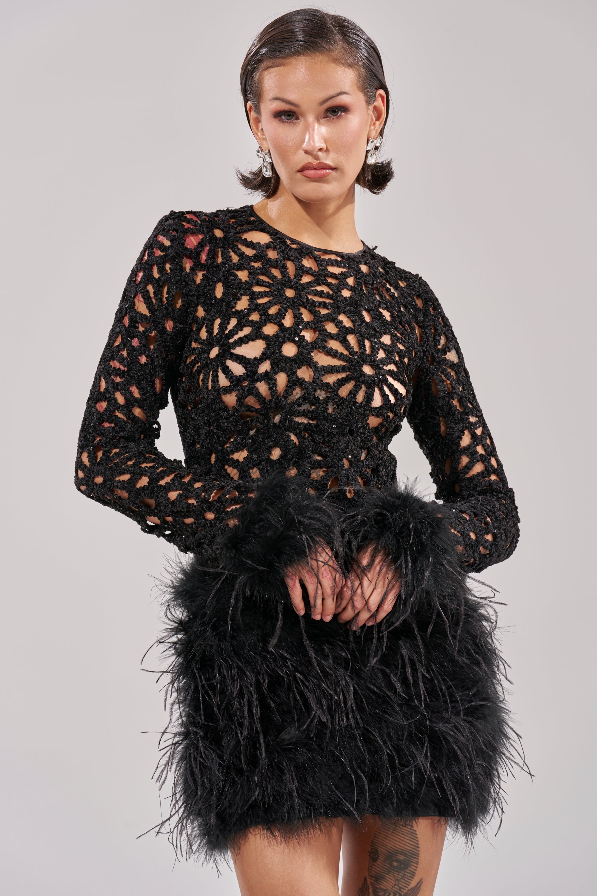 WHO ME? KNIT CROCHET MINI DRESS WITH FEATHERS