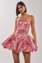 PRETTY IN PINK BROCADE MINI DRESS IN PINK MULTI