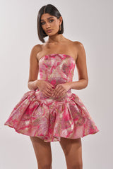 PRETTY IN PINK BROCADE MINI DRESS IN PINK MULTI