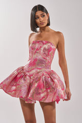 PRETTY IN PINK BROCADE MINI DRESS IN PINK MULTI