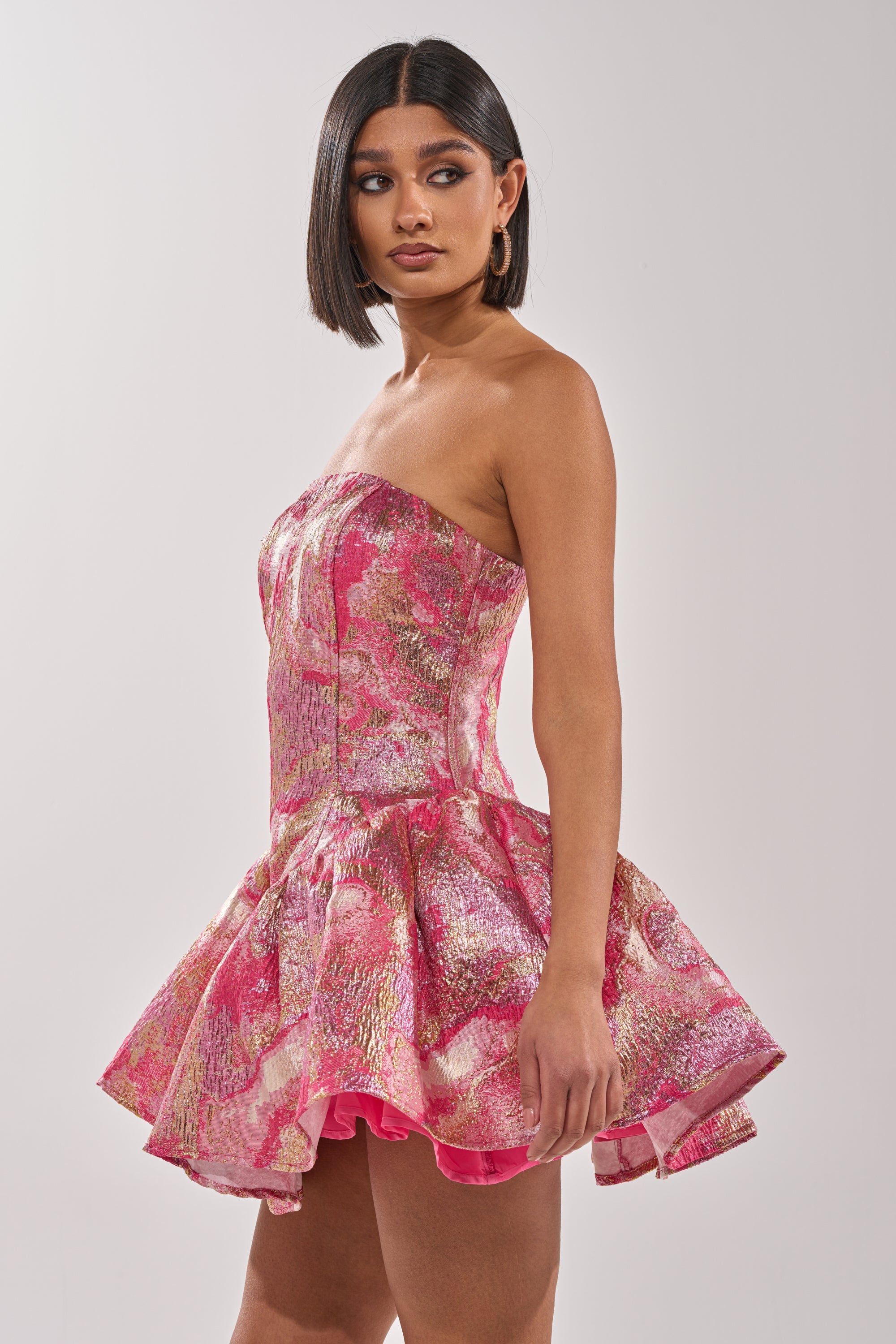 PRETTY IN PINK BROCADE MINI DRESS IN PINK MULTI