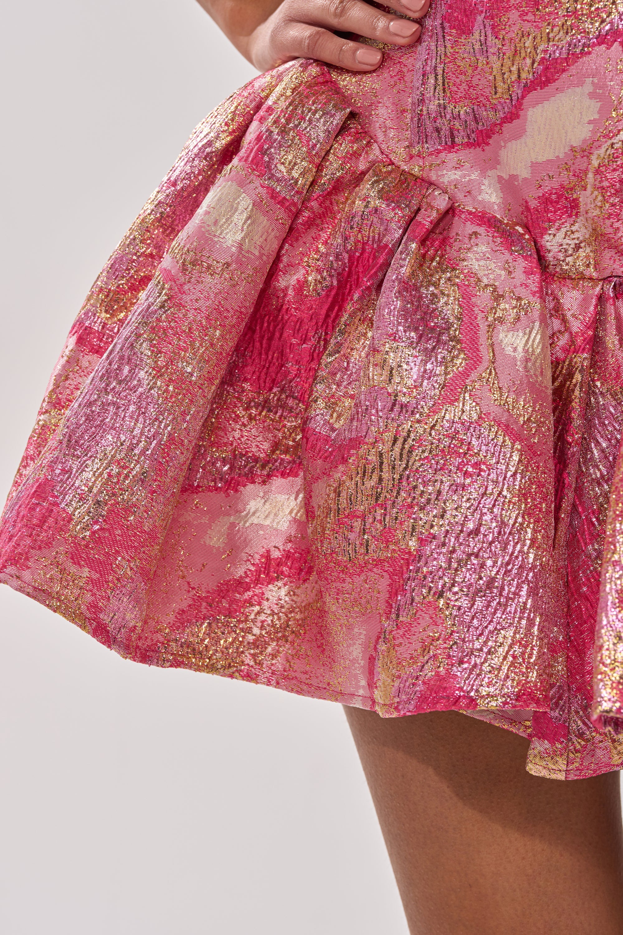 PRETTY IN PINK BROCADE MINI DRESS IN PINK MULTI