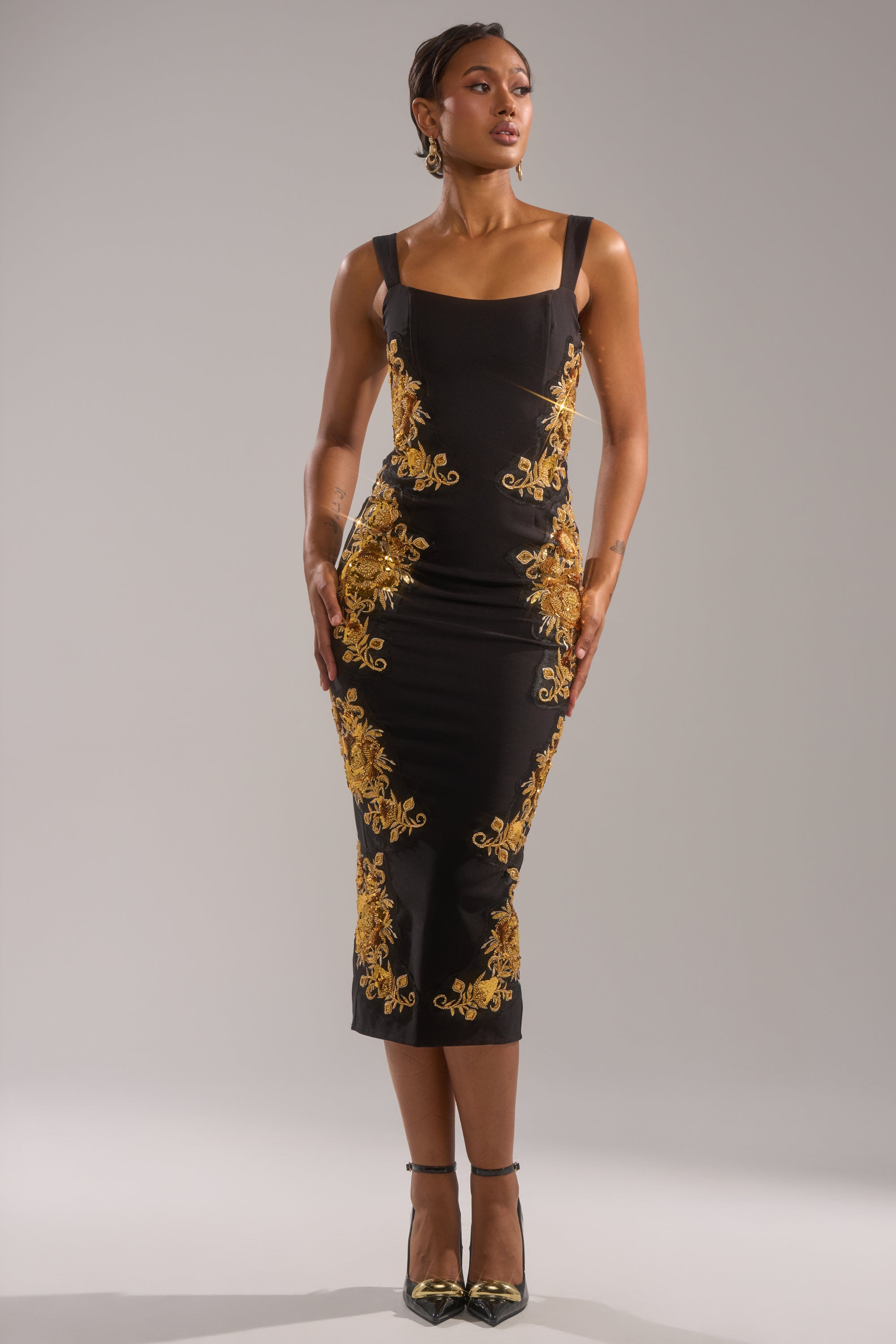 PARISIAN FLORAL EMBROIDERED MAXI DRESS