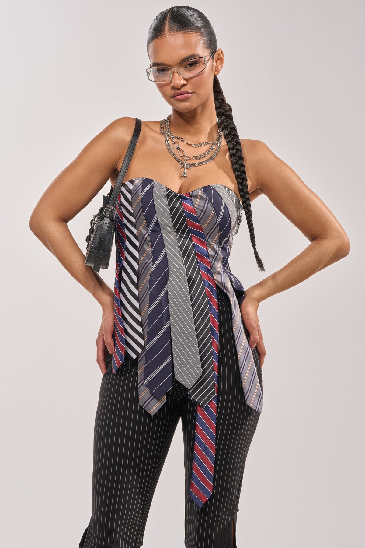STRICTLY BUSINESS TIE DETAIL CORSET TOP IN BLUE MULTI