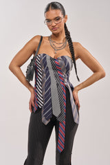 STRICTLY BUSINESS TIE DETAIL CORSET TOP IN BLUE MULTI