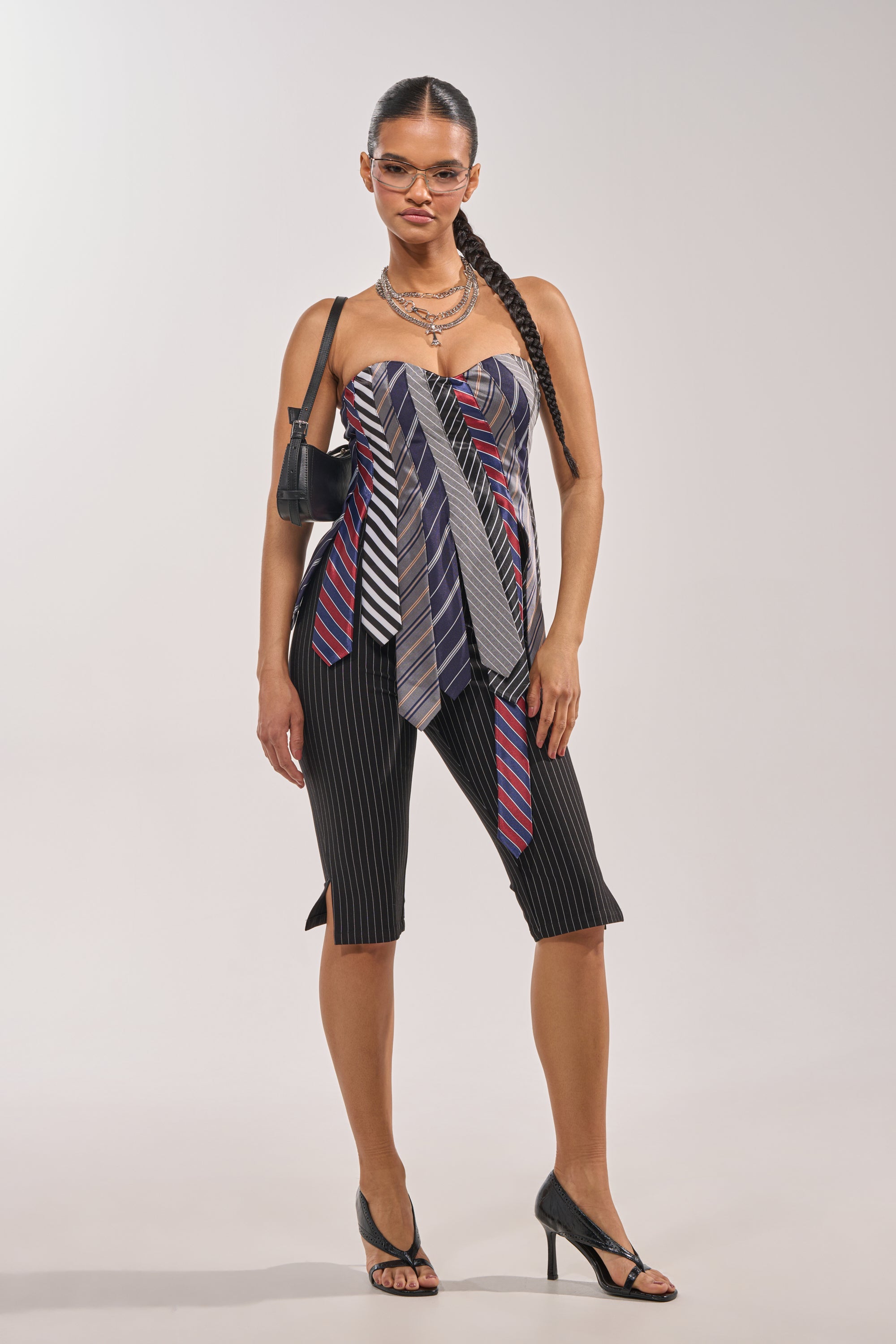 STRICTLY BUSINESS TIE DETAIL CORSET TOP IN BLUE MULTI
