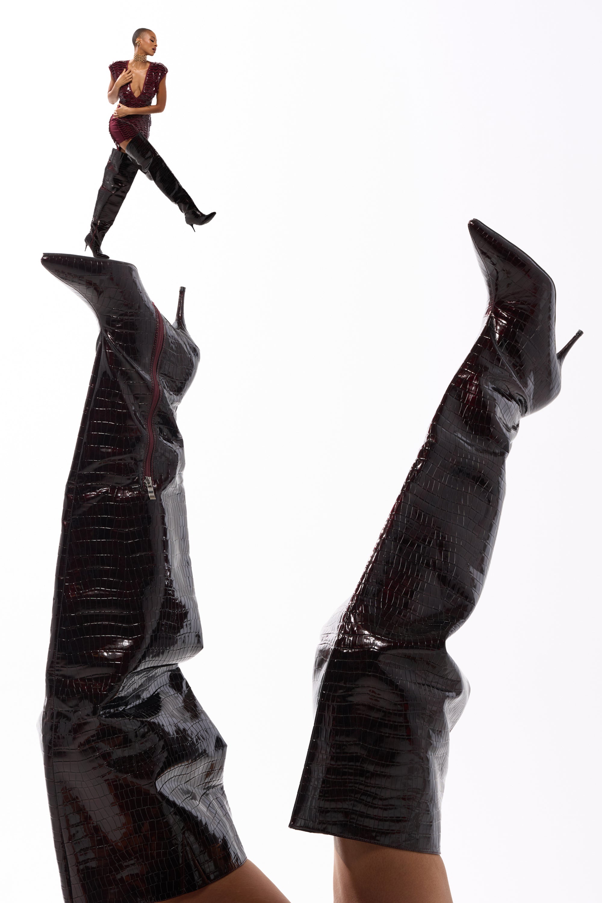 AZALEA WANG HALINA BURGUNDY CROC STILETTO BOOT
