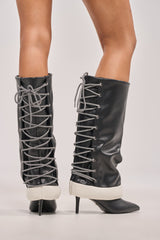 AKIRA GOLD HALOED BLACK LACE UP BACK BOOTIE