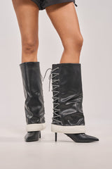 AKIRA GOLD HALOED BLACK LACE UP BACK BOOTIE