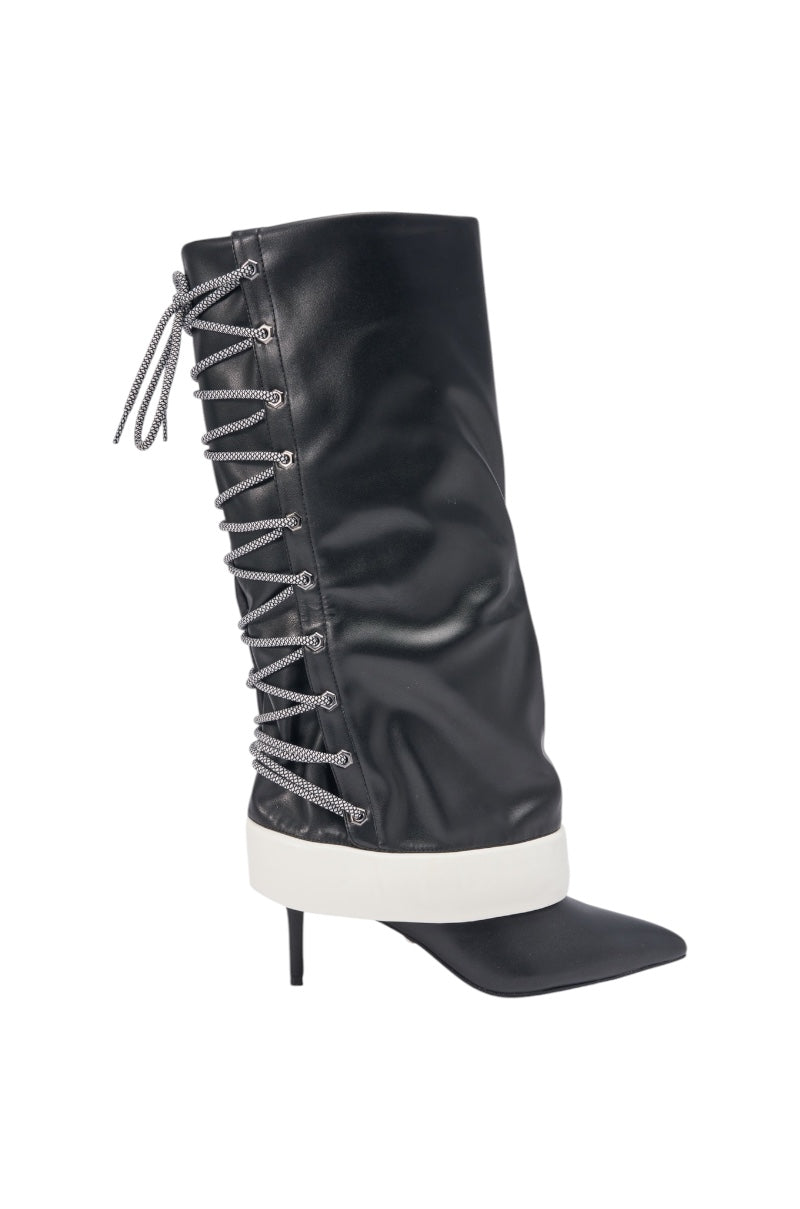 AKIRA GOLD HALOED BLACK LACE UP BACK BOOTIE