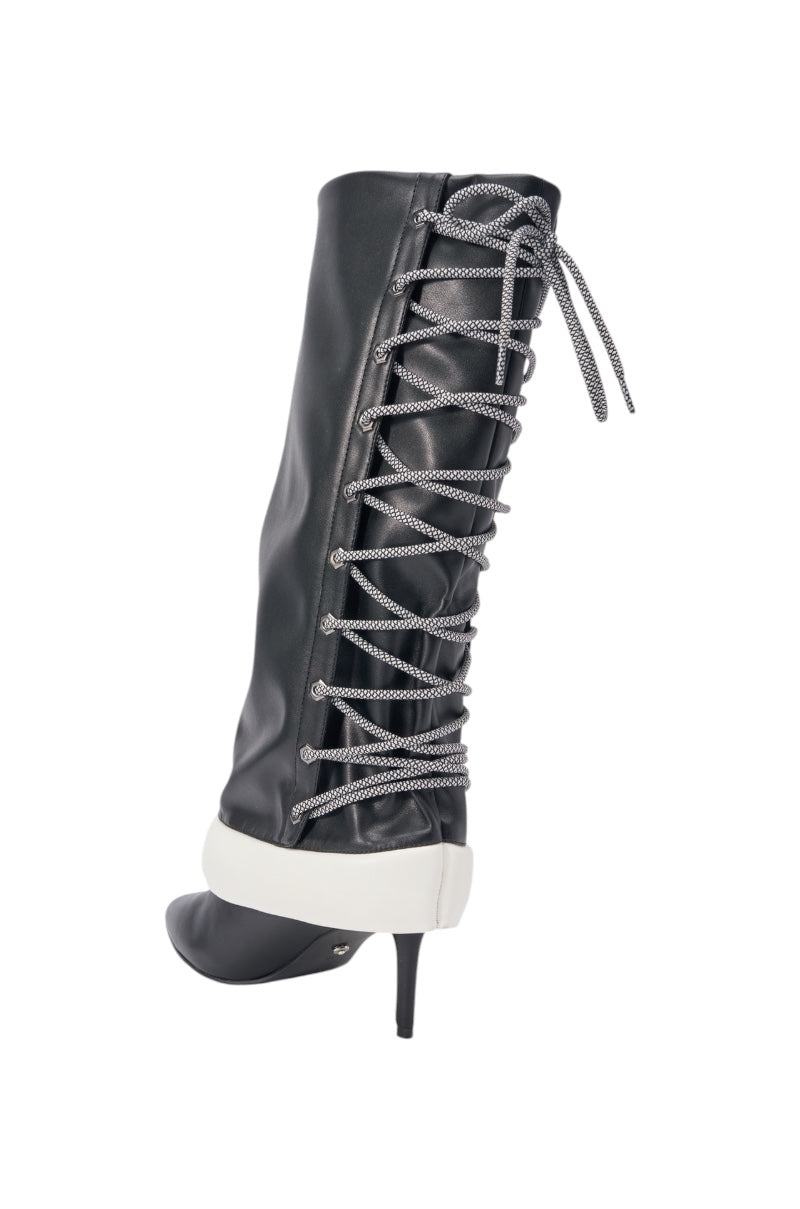AKIRA GOLD HALOED BLACK LACE UP BACK BOOTIE