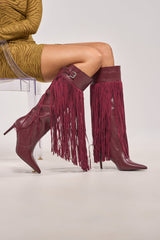 AZALEA WANG HEARTBEAT BURGUNDY FRINGE BOOT
