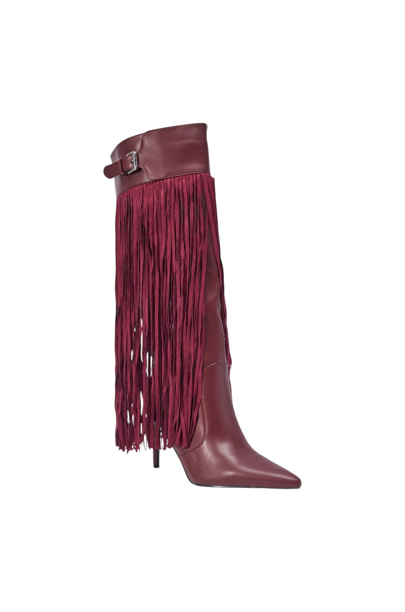 AZALEA WANG HEARTBEAT BURGUNDY FRINGE BOOT
