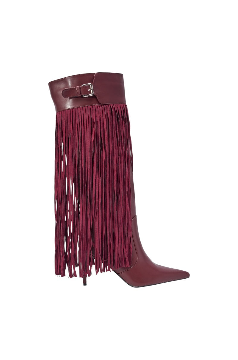 AZALEA WANG HEARTBEAT BURGUNDY FRINGE BOOT