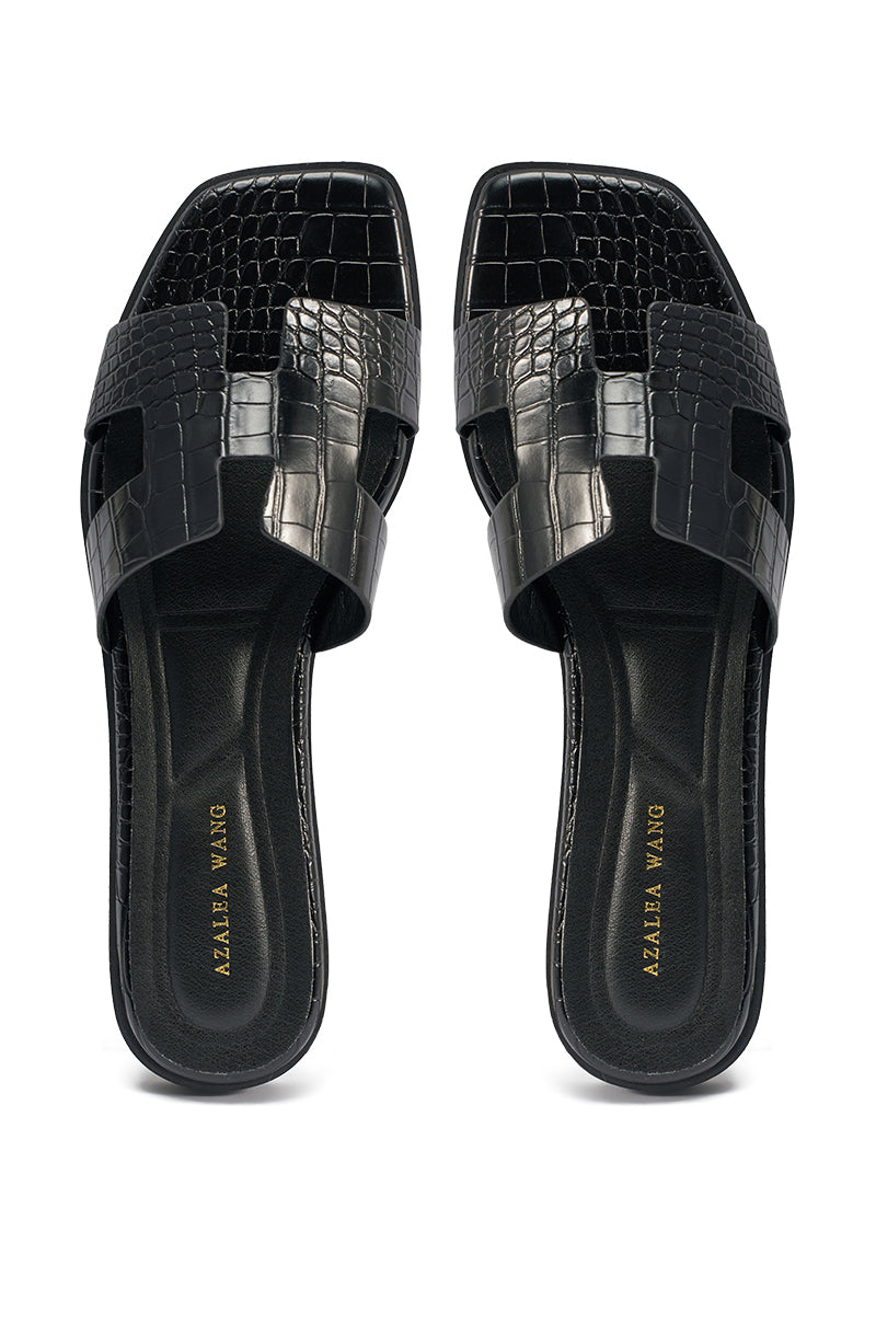 AKIRA HOWDY BLACK CROC SLIP ON FLAT SANDAL