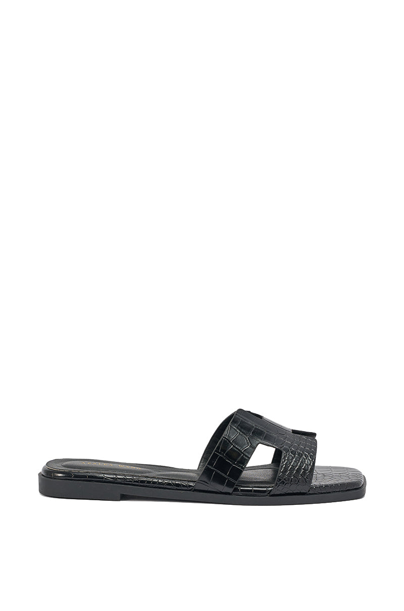 AKIRA HOWDY BLACK CROC SLIP ON FLAT SANDAL