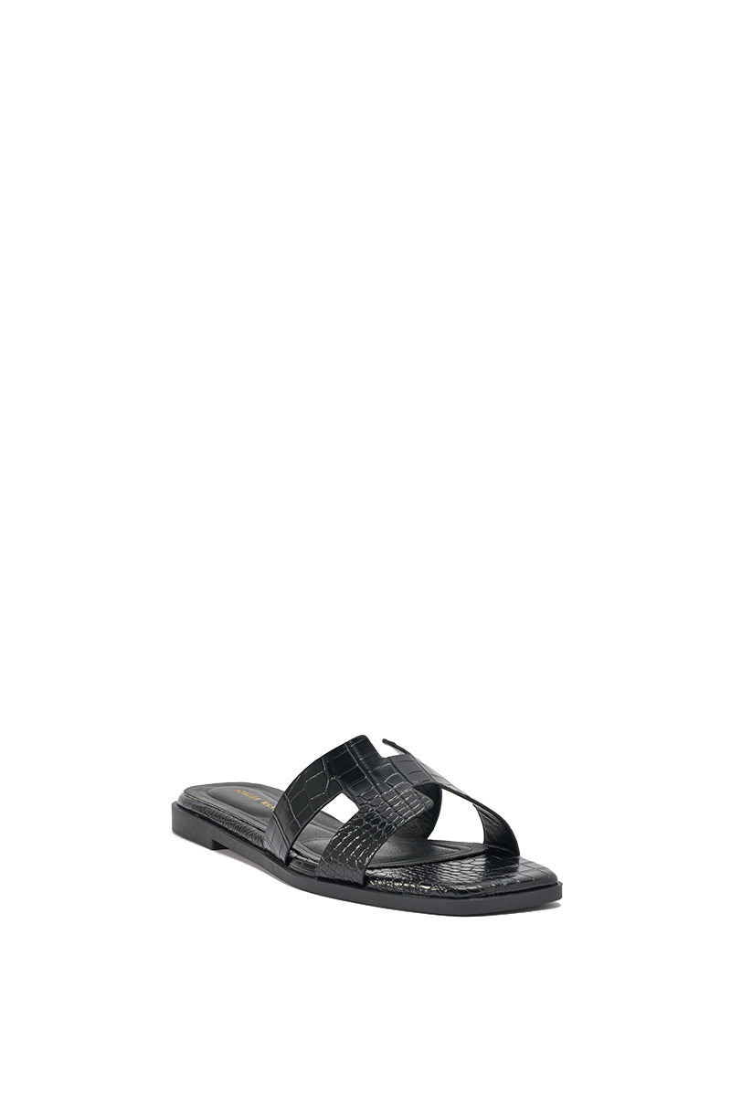 AKIRA HOWDY BLACK CROC SLIP ON FLAT SANDAL