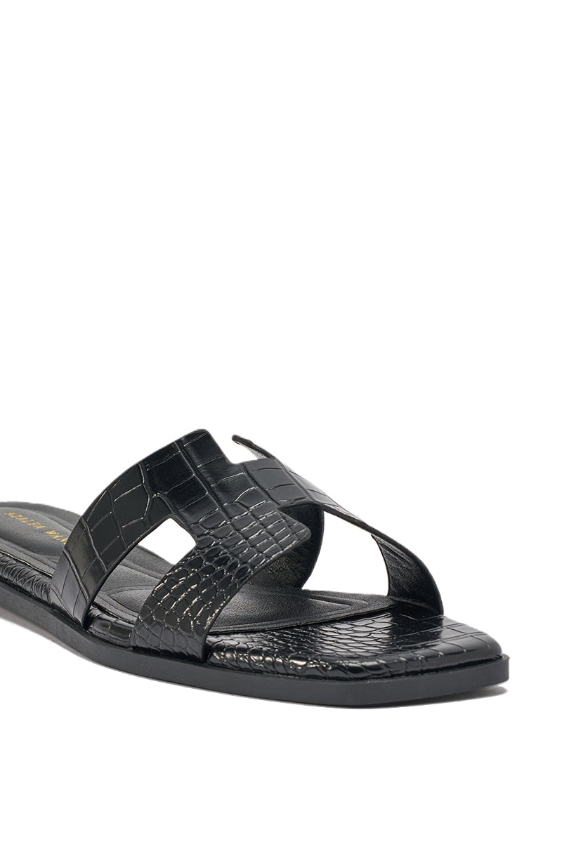 AKIRA HOWDY BLACK CROC SLIP ON FLAT SANDAL