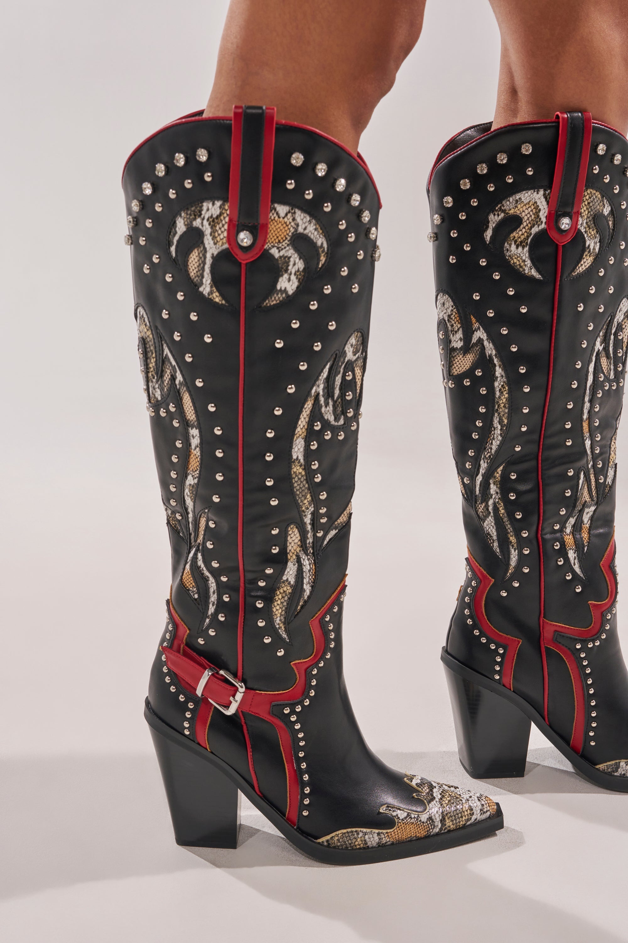 AZALEA WANG HYPERION BLACK MULTI COLOR WESTERN STUD BOOT