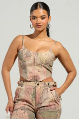 SEASONAL AWAKENING PRINTED DENIM CORSET