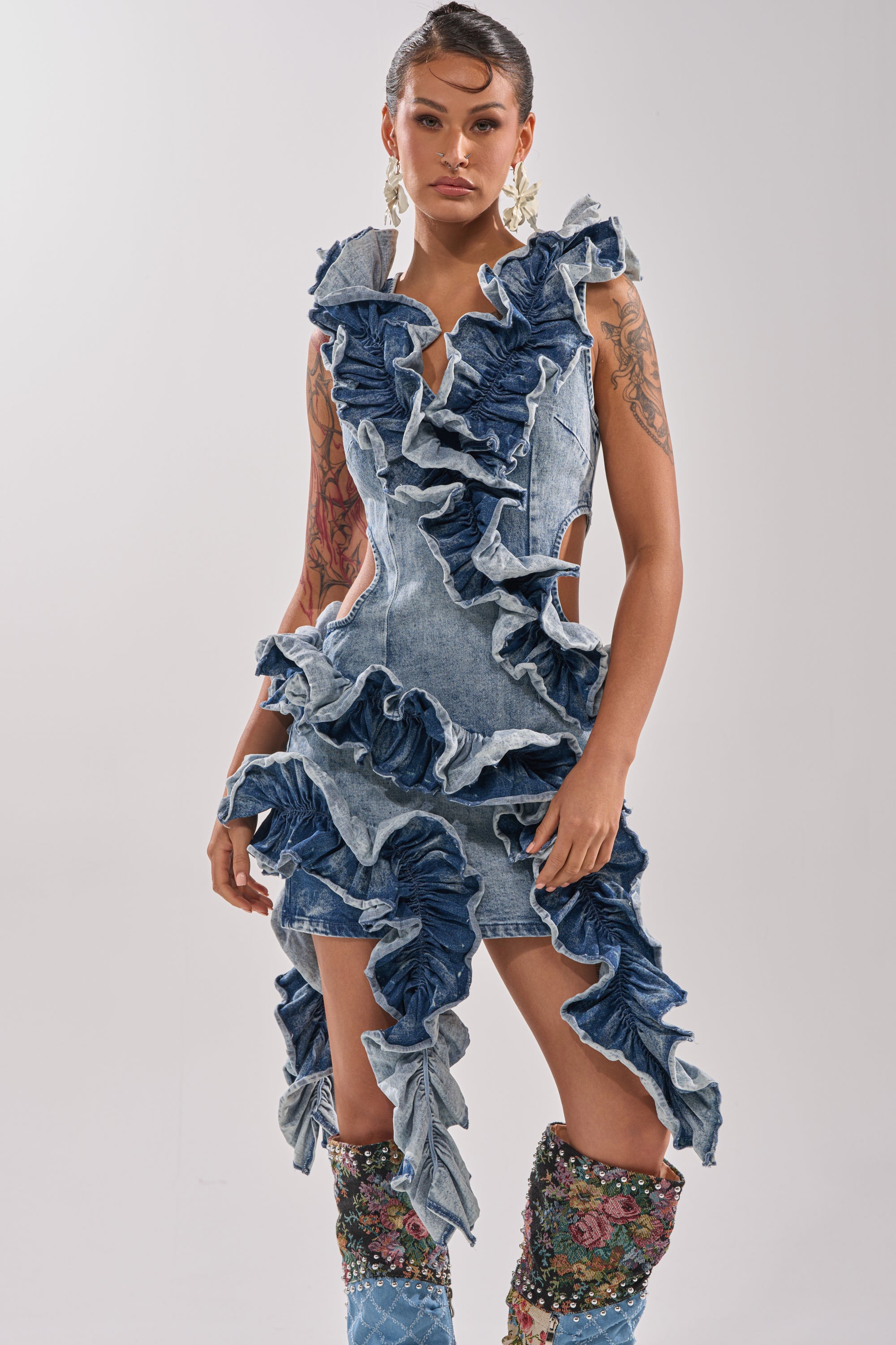 SAY IT AGAIN RUFFLED DENIM MINI DRESS