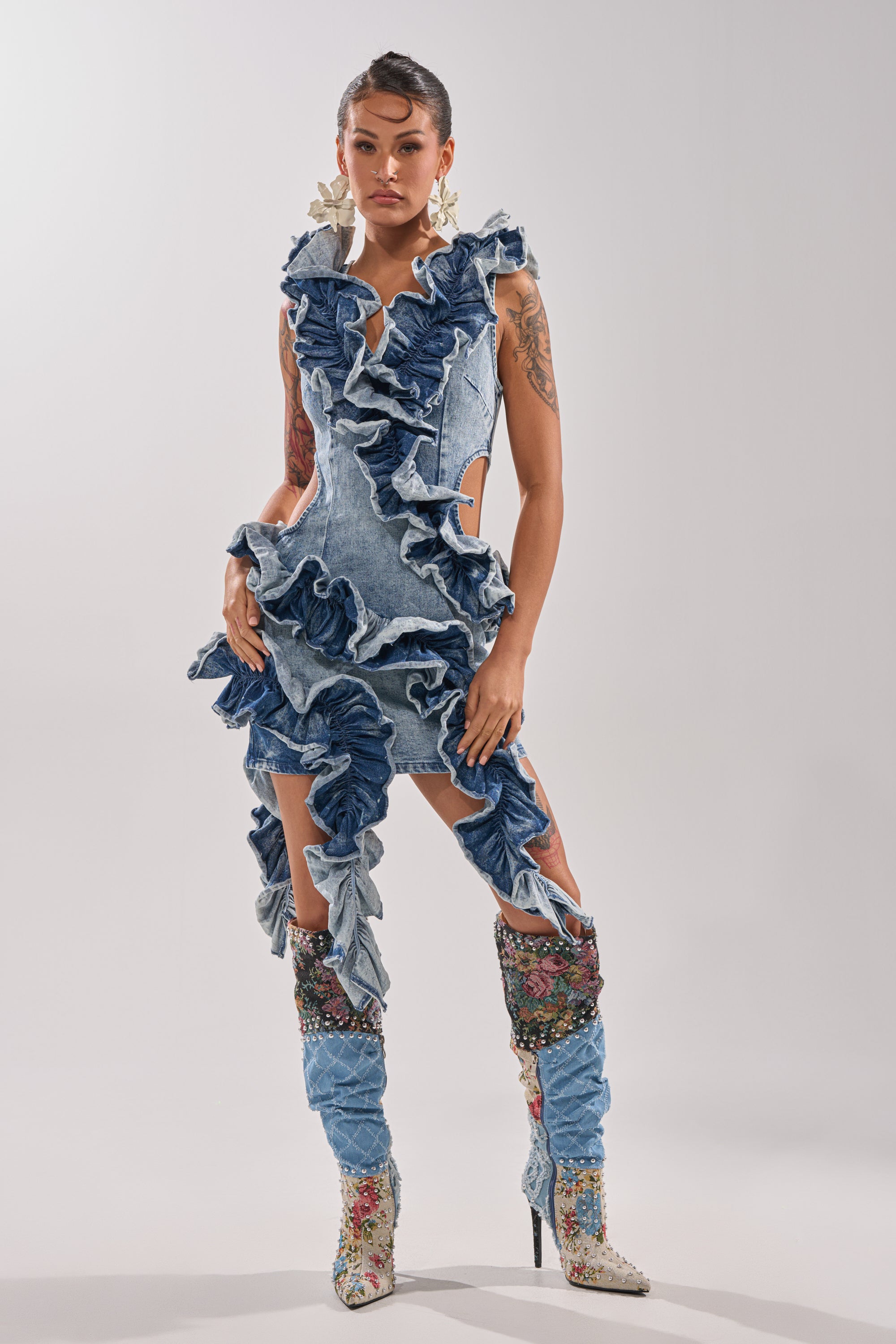 SAY IT AGAIN RUFFLED DENIM MINI DRESS