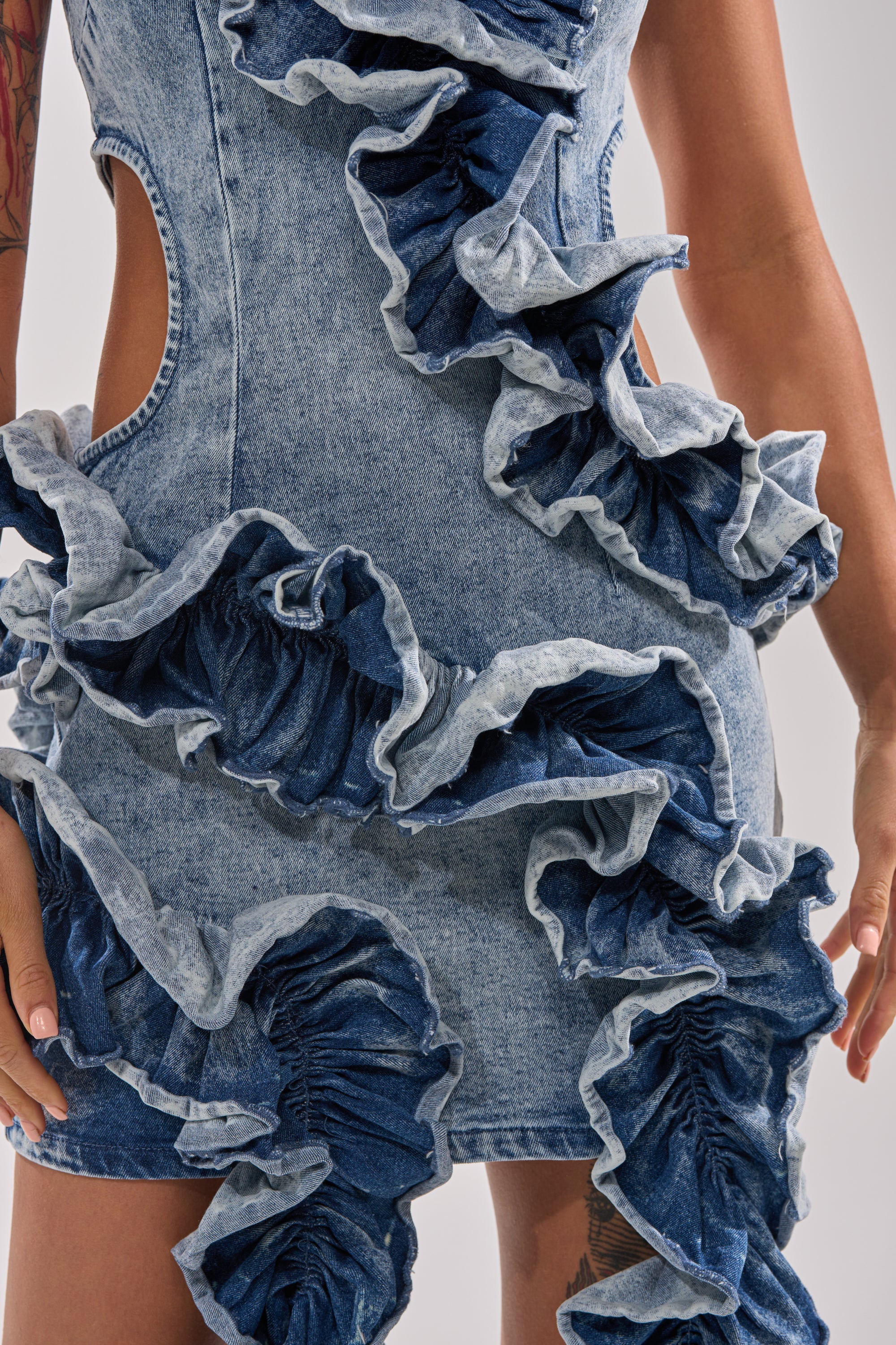 SAY IT AGAIN RUFFLED DENIM MINI DRESS