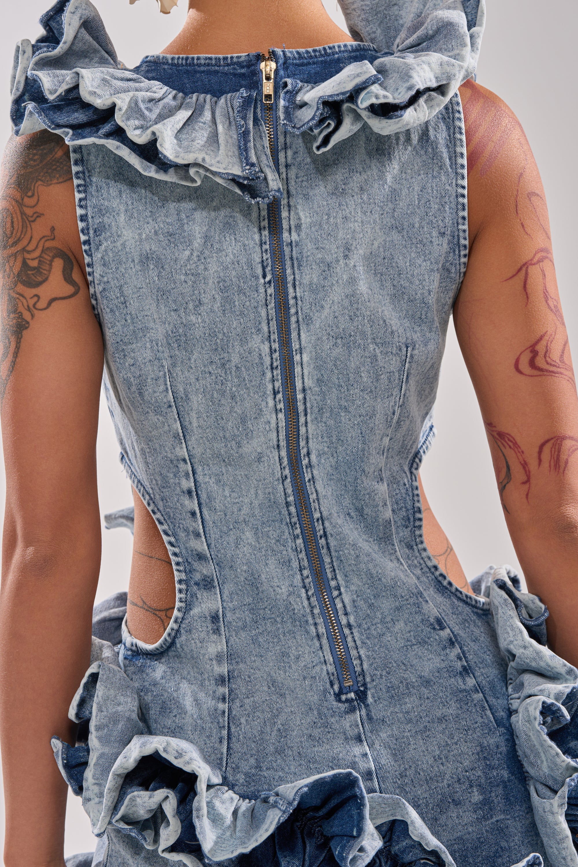 SAY IT AGAIN RUFFLED DENIM MINI DRESS