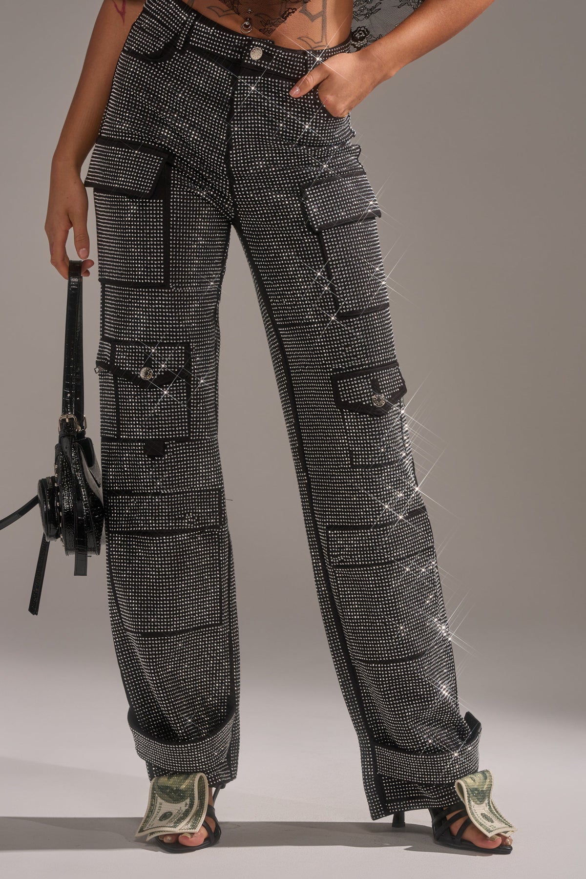 AMMO BONNE SOIREE RHINESTONE CARGO PANTS IN BLACK