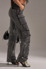 AMMO BONNE SOIREE RHINESTONE CARGO PANTS IN BLACK