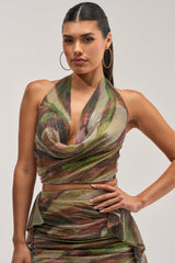 DROP IT LOW COWL NECK BLOUSE IN GREEN MULTI