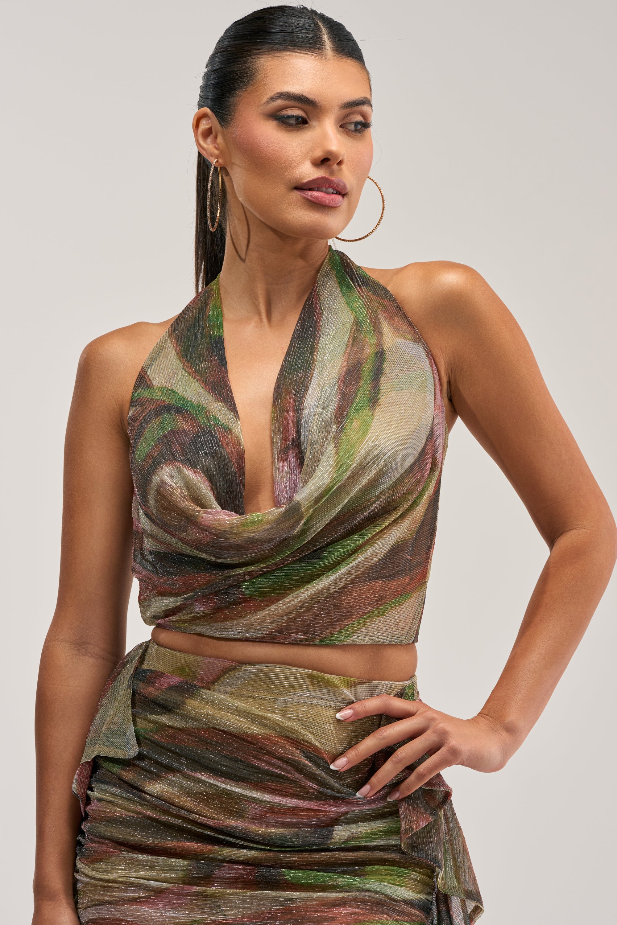 DROP IT LOW COWL NECK BLOUSE IN GREEN MULTI