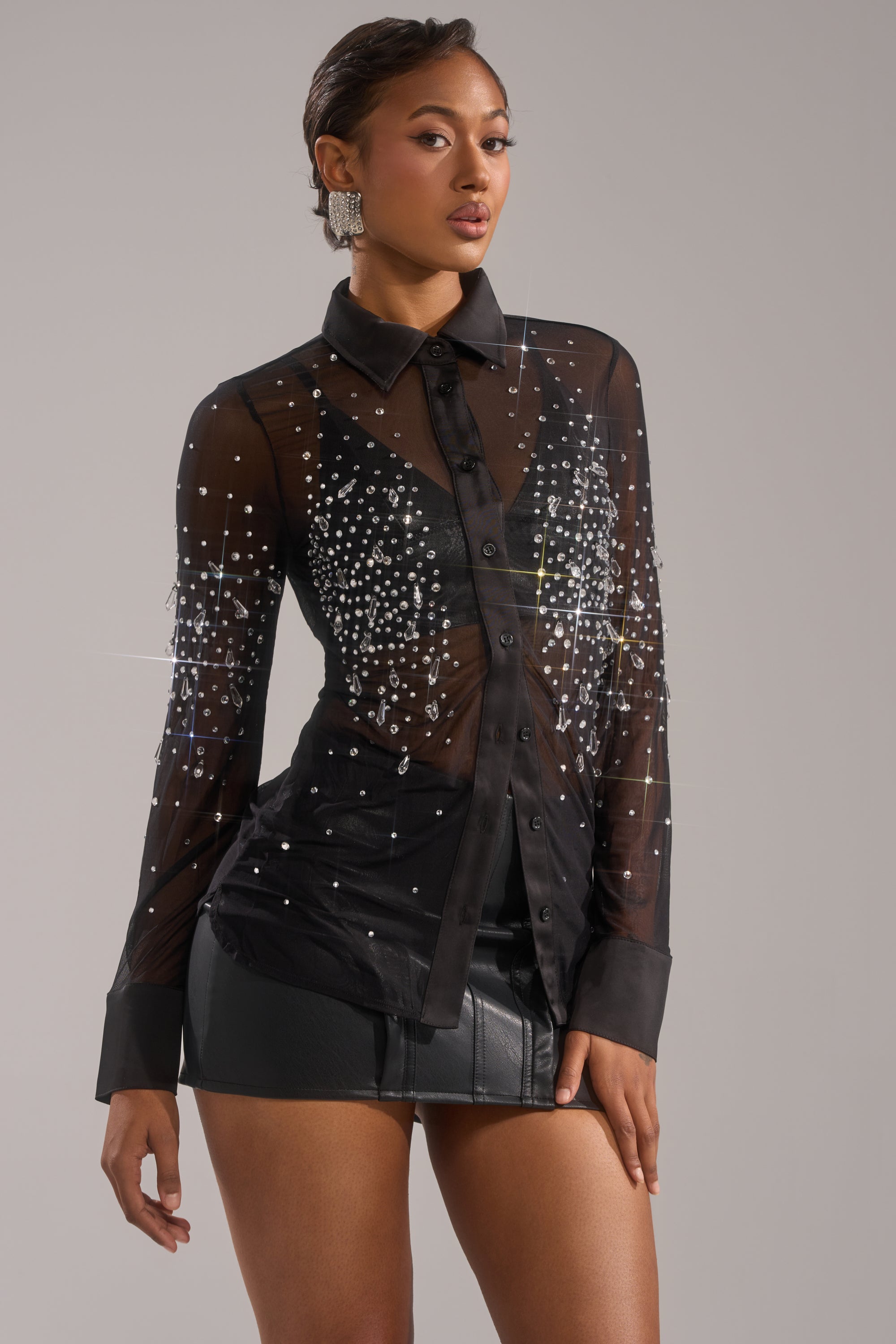 BLING BLING MESH BUTTON DOWN